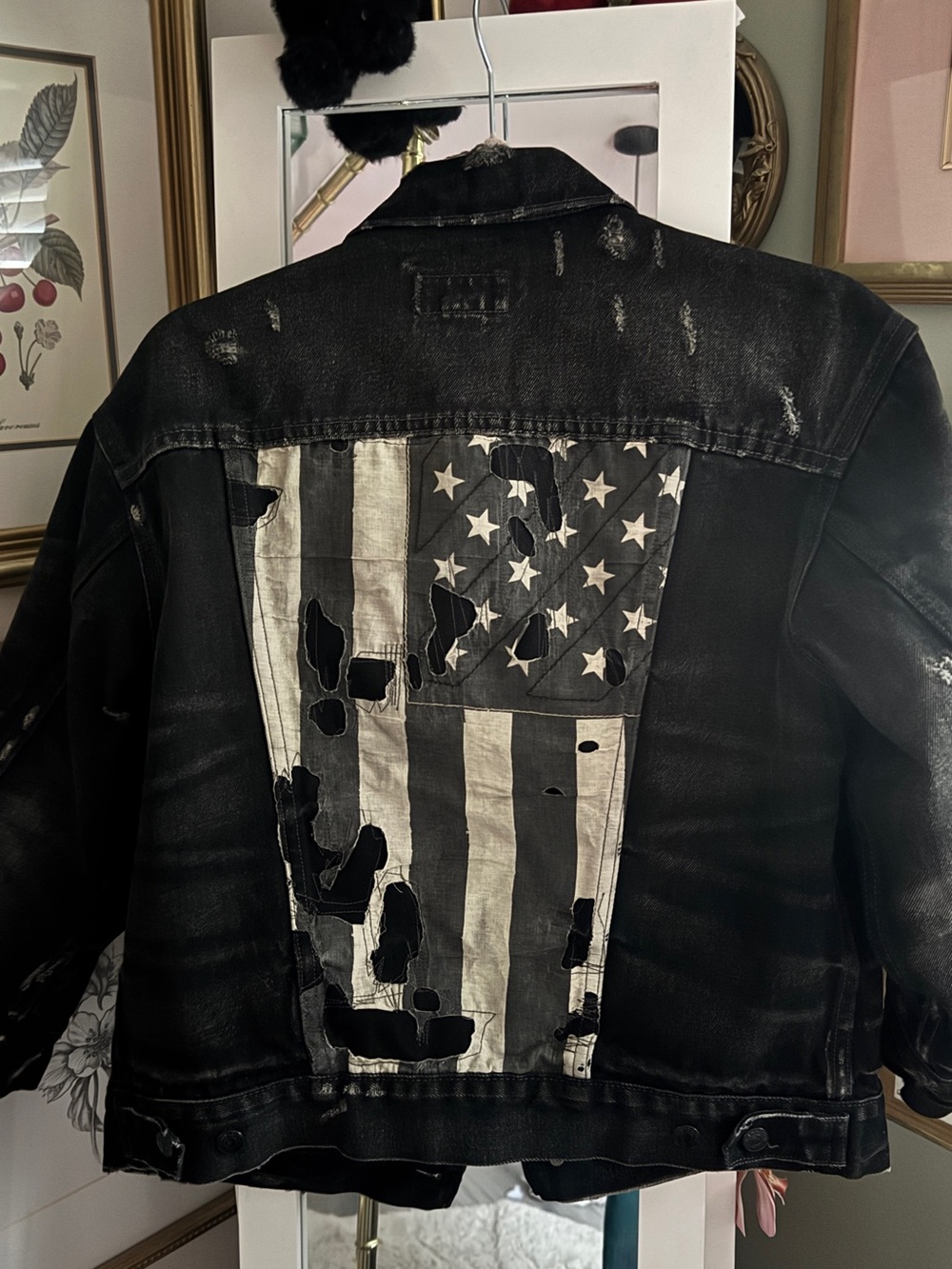 Ralph Lauren Black Distressed Denim Jacket with Washed White Flag Panel